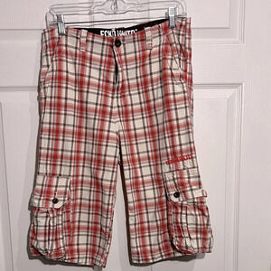 Ecko Unlimited boys plaid cargo shorts - size 20 - Red, white and gray.